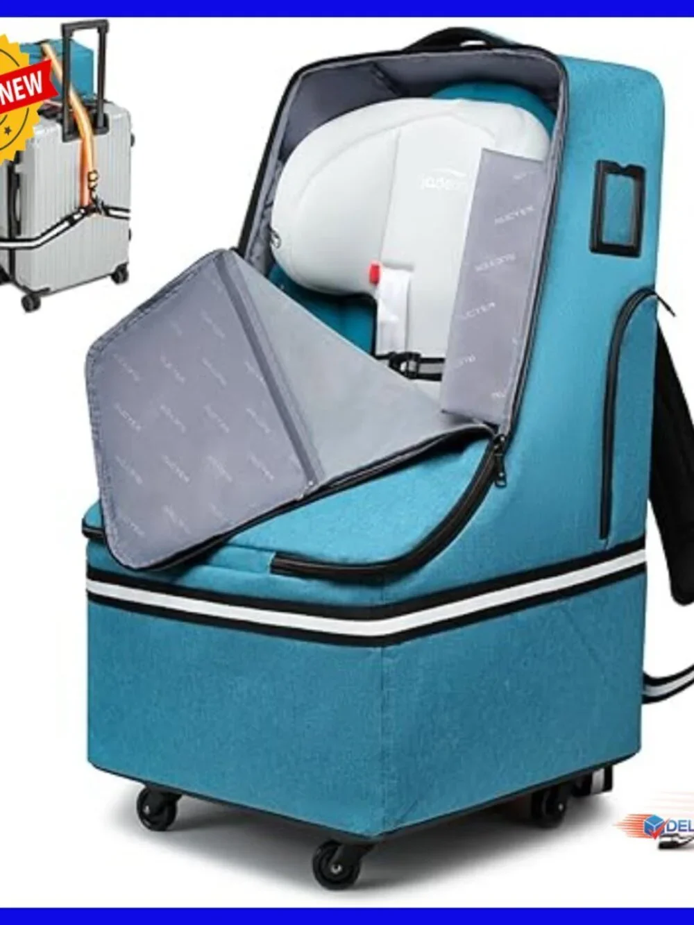 Padded Car Seat Travel Backpack with Wheels, Adjustable Strap, Waterproof Base